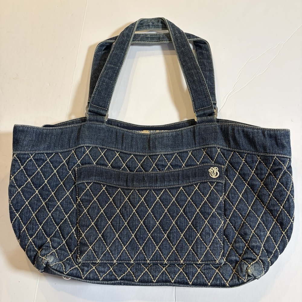 Vera Bradley Jean Double Strap Bag Pockets Denim Quilted Blue Paisley Lining